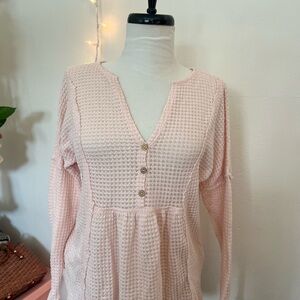 Pink Lily Light Pink Waffle Knit Blouse With Button Details